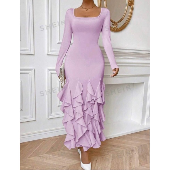 Light Purple Frill Trim Fish Tail Bodycon Dress - Picture 2 of 7